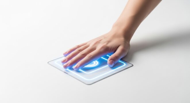 Hand interacting with futuristic touch screen interface technology.
