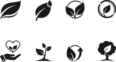 Nature and ecology icon set: plant, leaf, growth, recycle, eco-friendly symbols Vector