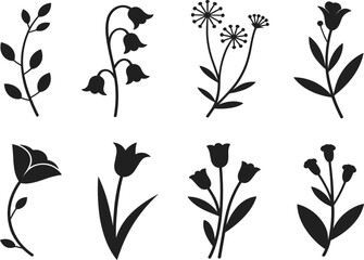 Set of Eight Simple Floral Silhouettes, Minimalist Botanical Flower and Leaf Icons, Black Rustic Spring Nature Decoration Vector Graphic Collection