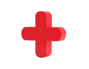 Red 3D plus sign centered, rounded edges, floating on black