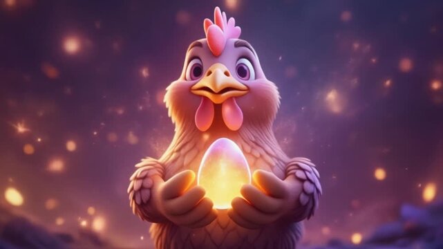 Cute Cartoon Chicken Holding Glowing Magic Egg