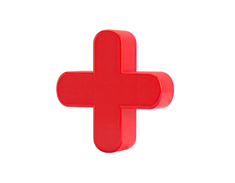 Red 3D plus sign centered, rounded edges, floating on black
