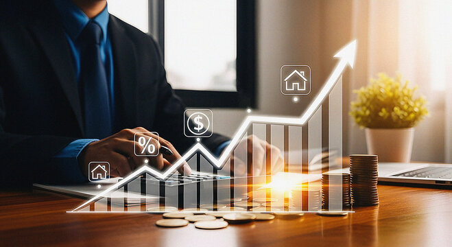 Businessman Working with Virtual Screen Showing Financial Graph and Rising Profit Arrow: Business Growth, Investment Planning, and Market Analysis Concept