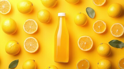 Vibrant Composition of Fresh Lemons and Juice Bottle on a Bright Yellow Background for Refreshing Citrus Theme