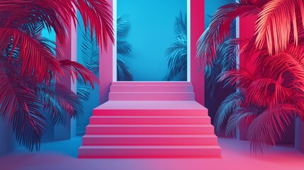 Surreal Architectural Scene with Colorful Palm Leaves and Geometric Staircase in Vibrant Lighting