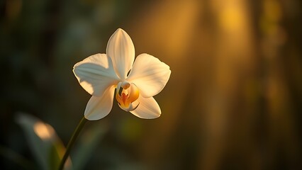 rare. Rare white orchid isolated in a misty, golden-lit rainforest environment. gardening catalogs, home-decor guides, designed for home decor and floral branding, used by performance marketers.