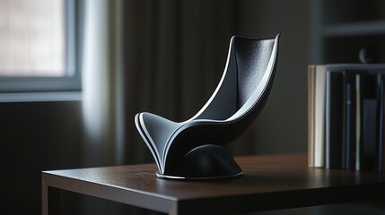 Sleek modern black sculpture on wooden desk in dimly lit room with window and books in the background