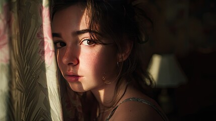Pensive young woman in soft natural light by window