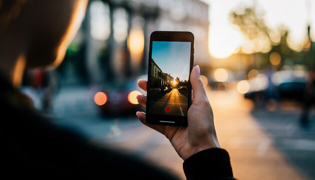 personne filmant un coucher de soleil urbain avec un smartphone en main