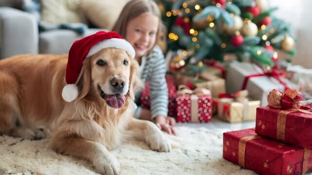 A young girl and a golden retriever dog wearing Santa hats pose together on a white rug. The dog is wearing a festive red Santa hat and has a joyful expression.