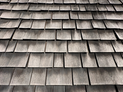 Weathered cedar shingles on house