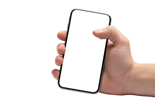 User's hand holding a modern smartphone with blank screen mockup