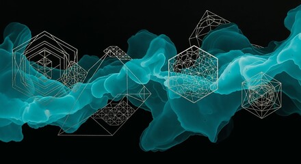 Abstract teal ink swirls with geometric sacred geometry symbols