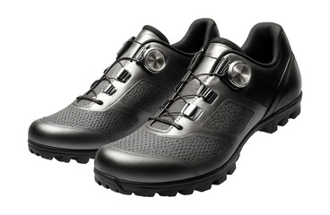 Silver and black cycling shoes featuring quick-release buckles and breathable upper.