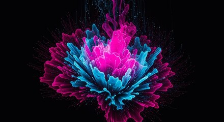 Vibrant abstract explosion of pink and blue particles against a black background