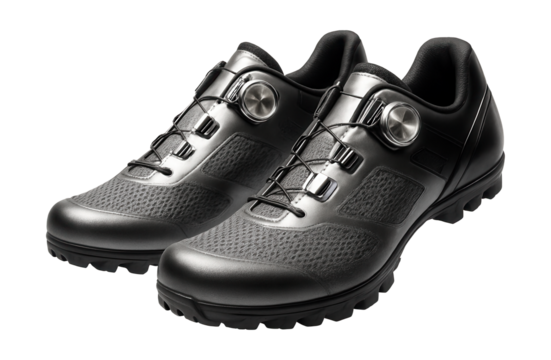 Silver and black cycling shoes featuring quick-release buckles and breathable upper.