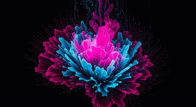 Vibrant abstract explosion of pink and blue particles against a black background