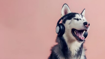 A husky dog with headphones is captured in a candid moment, its mouth wide open in a joyful expression. The dogs fur is a mix of black and white, and its eyes are closed.