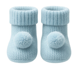 Pastel blue knitted baby booties featuring pom-pom accents.