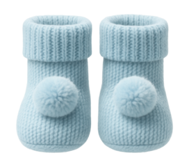 Pastel blue knitted baby booties featuring pom-pom accents.