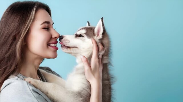 A woman with long brown hair and a white shirt is holding a white and gray husky dog close to her face. The dog is licking the womans face.