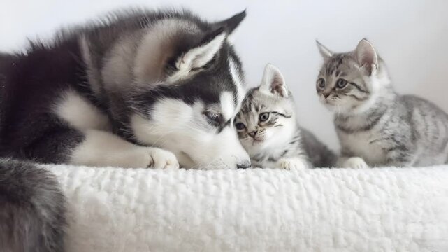 A closeup of a black and white husky puppy and a kitten cuddling together. The puppys fur is predominantly black with white patches, and its eyes are a striking shade of blue. The kitten.