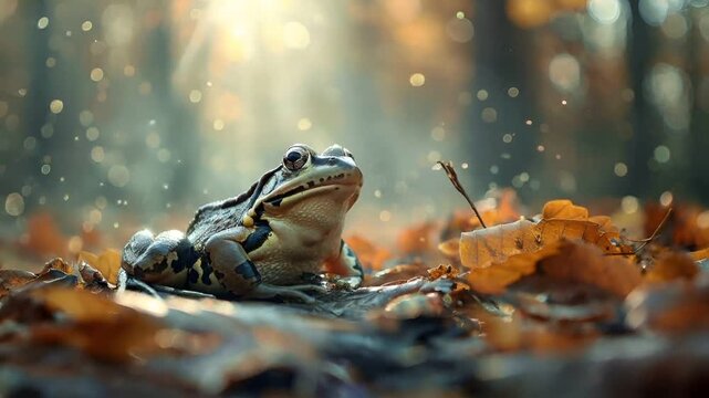 A closeup shot of a frog in a forest setting, with a bokeh effect from the sunlight filtering through the trees. The frog is perched on a bed of fallen leaves.