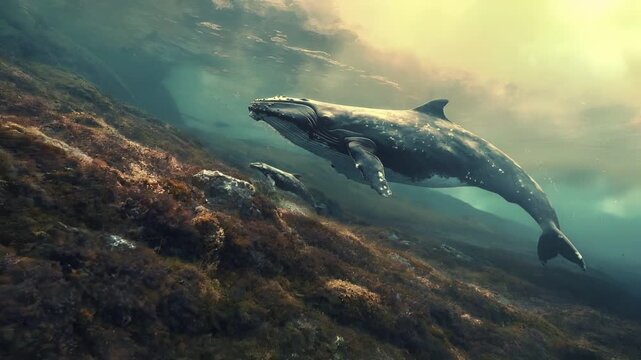 A vivid underwater scene featuring a large whale swimming gracefully above a rocky shoreline. The whales skin is a speckled gray, contrasting with the deep blue of the surrounding water.