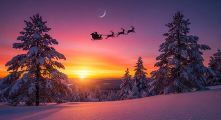 Santas Sleigh Soaring Through a Winter Wonderland at Sunset.