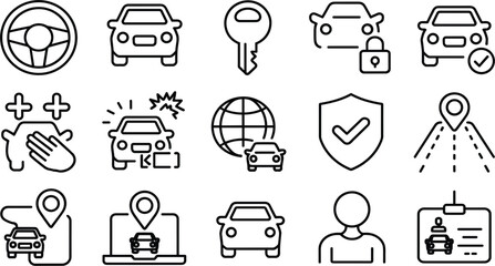 Set of Fifteen Automotive Line Icons, Car Service Driving Security GPS Navigation Symbols, Minimalist Transport Vehicle Outline Vector Collection