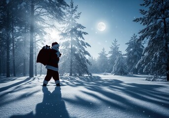 Santa Claus walking through a snowy forest with a sack.
