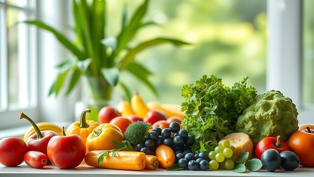 vitamin. Colorful fresh fruits and vegetables arranged artistically, highlighting natural beauty and healthy eating. menu design. - Powered by Adobe