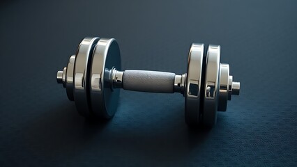 bodybuilding. A sleek chrome dumbbell placed on a rubberized floor in a minimalist fitness environment. event key visuals, club posters, designed for sports event promotions and stadium branding.