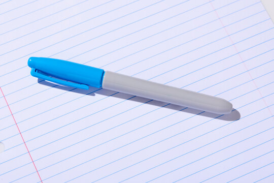 Blue permanent marker on lined paper