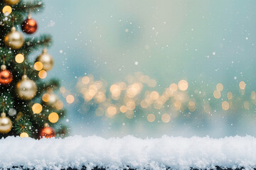 Festive christmas tree with ornaments and snowfall bokeh lights