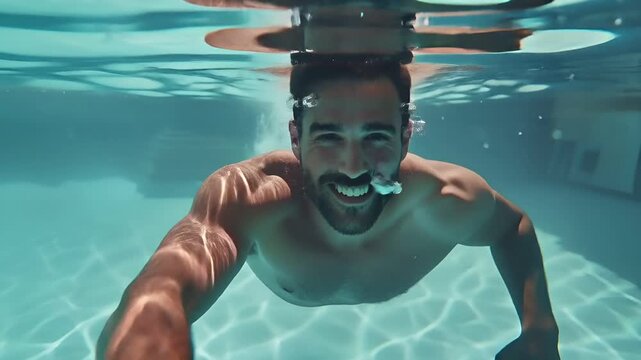 A man swims underwater in a pool, his face partially obscured by the waters surface. The pools blue waters are clear, allowing for a view of the pools floor and the mans physique.