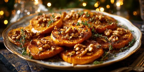 Honey-roasted pumpkin slices topped with walnuts and thyme rest on festive linen with soft glowing lights and cozy Christmas charm.