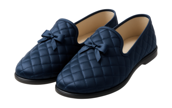 Navy blue quilted satin slip-on house shoes with bow accent.