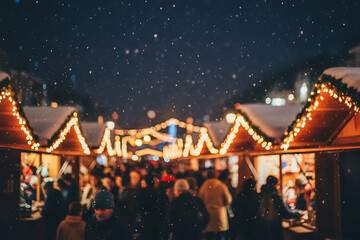 Winter Night Market With Christmas Lights And Snowy Atmosphere