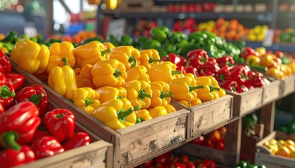 Vibrant peppers display, stacked in wooden crates