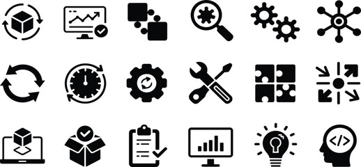 Set of Eighteen Business Process Glyph Icons, Technology Development Analysis Strategy Symbols, Optimization Service Efficiency Vector Graphic Collection