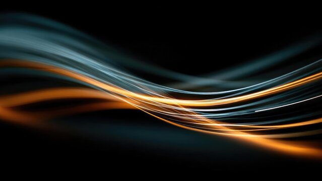Abstract long-exposure image of orange and blue light trails curling across a dark background. Concept Abstract light trails, Long-exposure photography, Orange and blue lights