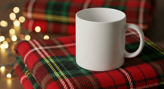 Close-up of white mug on a folded red and green tartan blanket with fairy lights, concept for Christmas celebration, holiday greetings and cozy winter mood