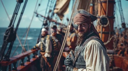 A vivid portrayal of a pirate on the deck of a ship, with a backdrop of the sea and sky. The pirate is prominently featured in the foreground, wearing a tricorn hat, a bandana.