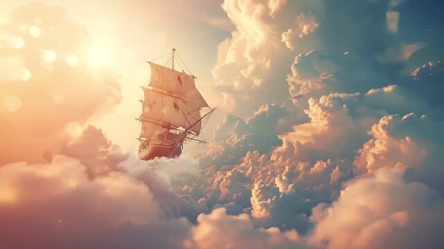A vivid portrayal of a sailing ship soaring through a sea of clouds, bathed in a warm, golden hue. The ships sails billow with the wind.