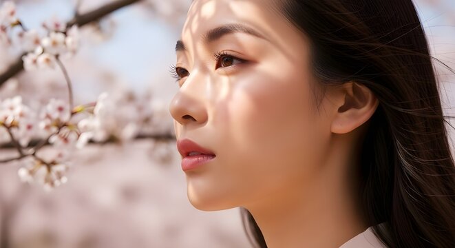 Beautiful young Asian woman profile portrait next to cherry blossoms with dappled sunlight shadows.