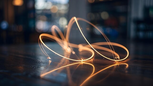 Glowing abstract light trails creating dynamic patterns on a reflective dark surface, showcasing motion, energy, and modern technology