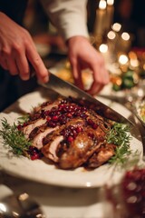 Obraz premium Person slices roasted duck with cranberry glaze at a warm festive table surrounded by Christmas decor. Soft lighting enhances the cozy celebration mood.