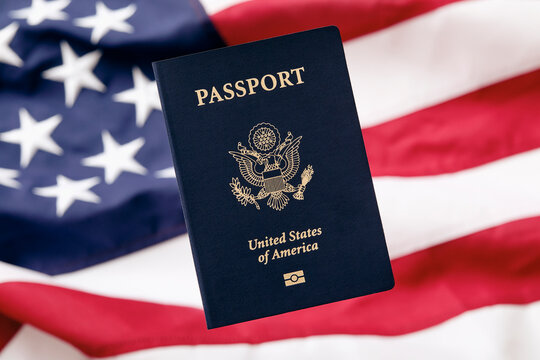 Passport with American flag background