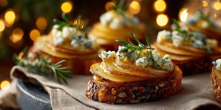 Bruschetta with baked pear, blue cheese and honey rests on festive linen in warm holiday light. A cozy Christmas mood highlights the sweet-savory pairing.